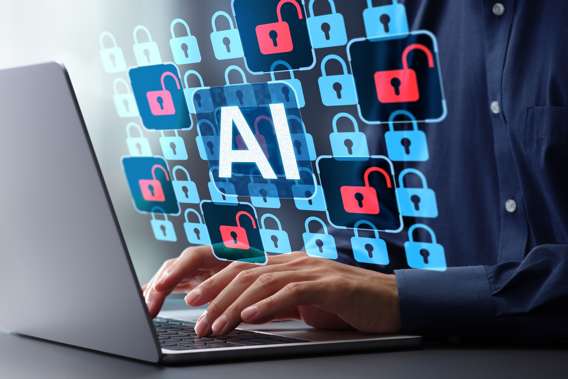 AI-based automated security vulnerability scanning. Artificial intelligence-driven network monitoring and data protection. Security engineer using laptop computer to address security vulnerabilities.