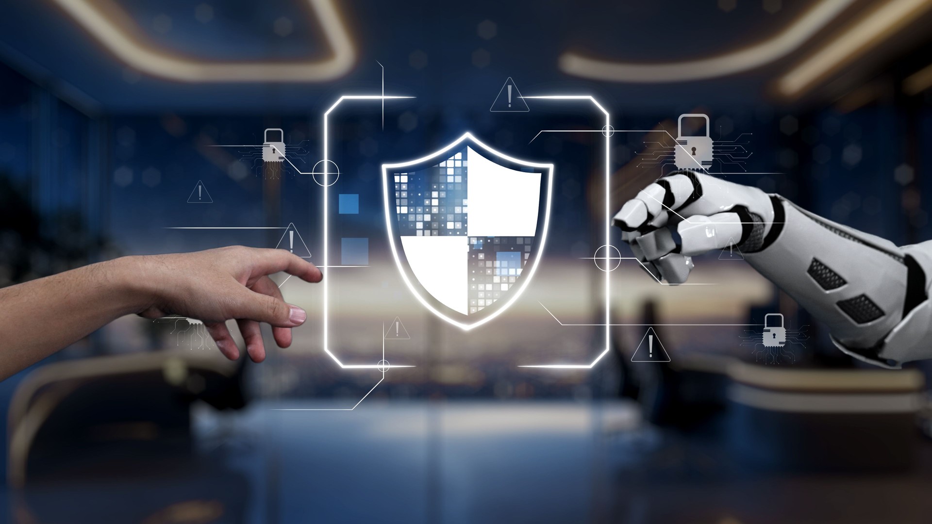 Futuristic Concept of Human and Robot Collaboration in Cybersecurity with Shield Symbol Representing Digital Protection and Security Measures. Auvana