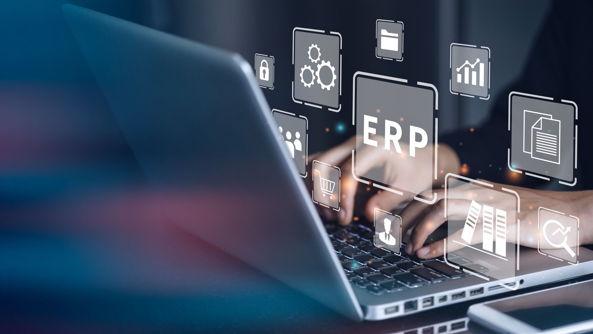 Businessman using a computer to document management for ERP. Enterprise resource planning concept.